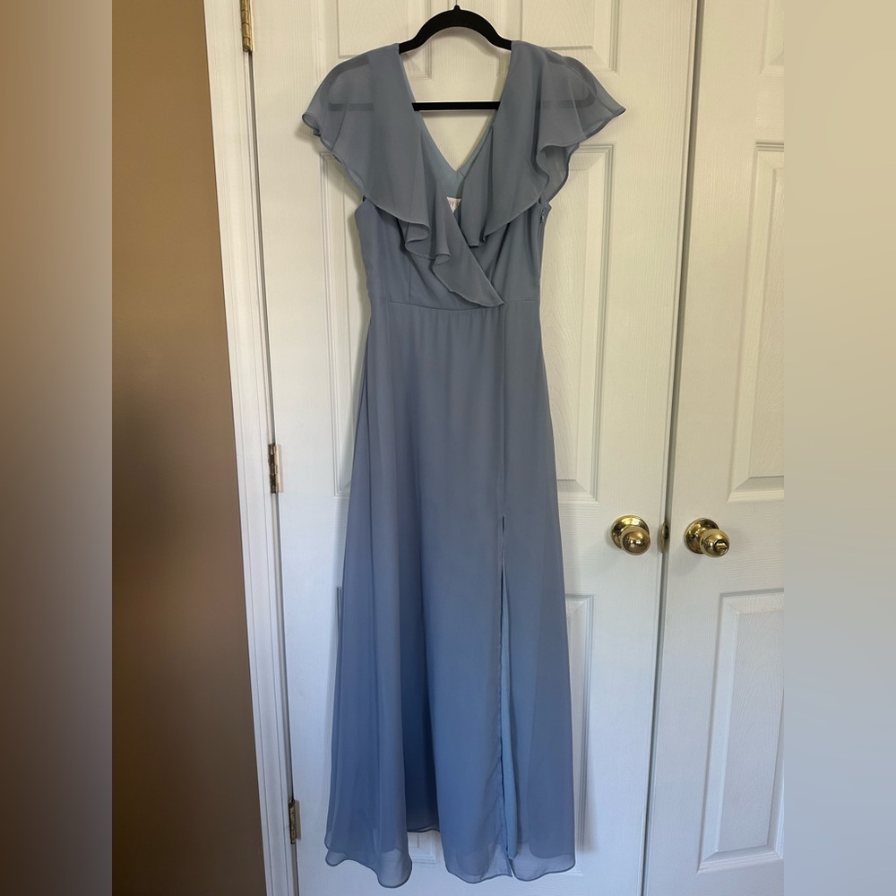 Birdy Grey Chiffon Dusty Blue Ruffle Maxi Dress